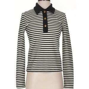 Striped Black and White Long Sleeve Polo Top